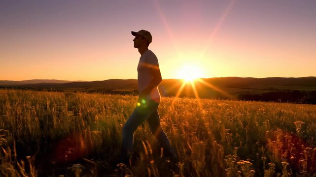 Man walking through golden field during sunset. Nature evokes tranquility and peace. Beautiful landscape inspires relaxation and reflection. Scenic outdoor moment captures essence of serenity.