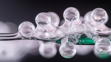 A complex network of interconnected molecules, glowing faintly, suspended in a transparent gel against a black background