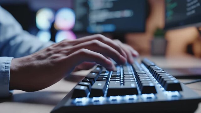 Close-Up of Hands Typing on Keyboard - A close-up shot captures a person's hands actively typing on a computer keyboard in a well-lit workspace.