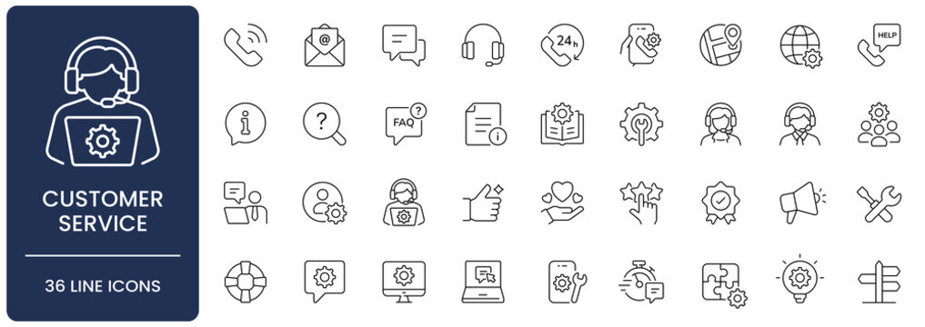 Customer Service and Technical Support Line Icon Set. Collection of help, communication, assistance, contact, center, agent, operator, consulting, faq, Outline, Editable Stroke, Vector illustration.