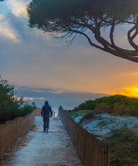 Vertical View of Man in Hiking Outfit Walking on Sandy Path Toward Beach at Sunset