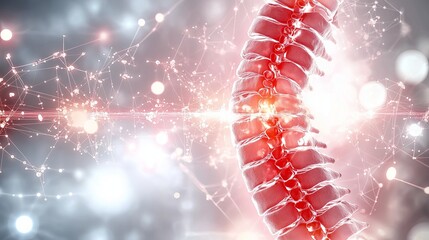 Abstract human spine showing scoliosis, with areas of abnormal curvature highlighted in red