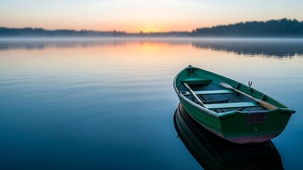 Obraz premium Peaceful green boat on calm lake.
