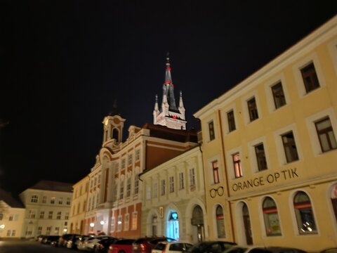 Prague,Czech Republic-23.01.2026: Night view of Caslav historic city center with illuminated buildings and town architecture, documenting cultural heritage and urban atmosphere in Czech Republic