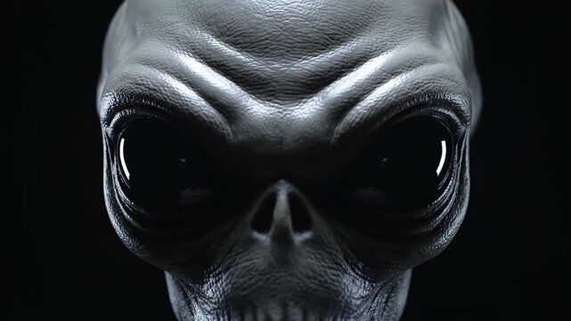 close up portrait of grey alien face with big black eyes on dark background. realistic 3d rendering for science fiction concepts. ufo conspiracy and space invasion theme. 