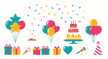 Vibrant birthday celebration elements with balloons and gifts © Azrha