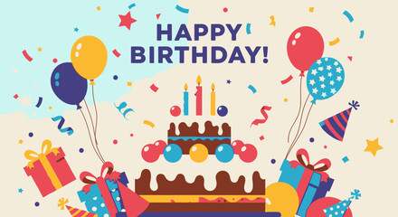 Vibrant birthday celebration with cake, balloons and gifts © Azrha