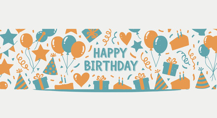 Vibrant Happy Birthday banner with colorful balloons and gifts