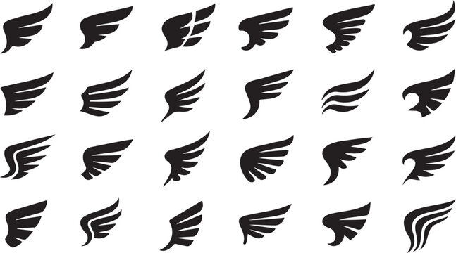 wing silhouette icon set black shapes isolated, flying feather wing symbols collection, bird wing graphic elements minimal