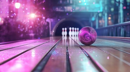 top-down view of a bowling ball rolling toward the pins