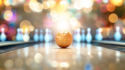 top-down view of a bowling ball rolling toward the pins