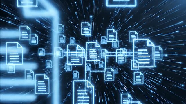 Digital Documents Neon Glow Animation - Digital documents icons are animated with bright blue neon glow, connected by lines. This could represent data flow, document management, or digital processes.