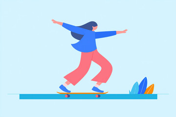 Fototapeta premium Young Woman Riding Skateboard Balance And Freedom Minimal Illustration
