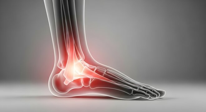3D illustration of a human ankle joint with pain point. Concept for ankle sprain, inflammation, injury, arthritis, or gout. Medical background for healthcare an