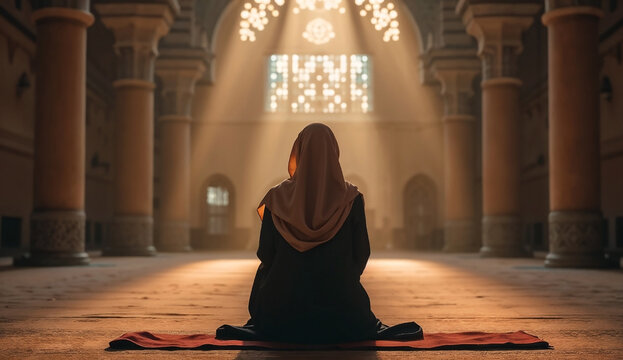 Religious muslim woman praying inside the mosque