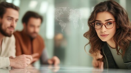 tech startup team brainstorming the concept of a universal language translation device, with holographic language data and global maps floating in mid-air