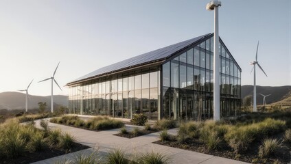 Obraz premium Modern Glass Building with Solar Panels and Wind Turbines in a Sustainable Landscape.