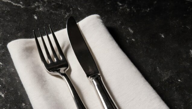 Elegant silverware arrangement on a pristine white napkin, fine dining.