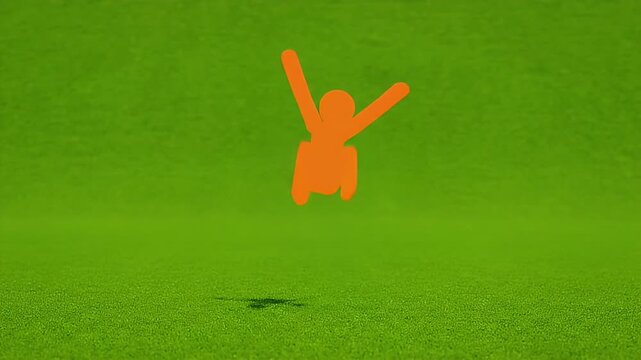 Energetic Orange Stick Figure on Green Background - A vibrant orange stick figure is depicted dynamically posing on a solid green background.