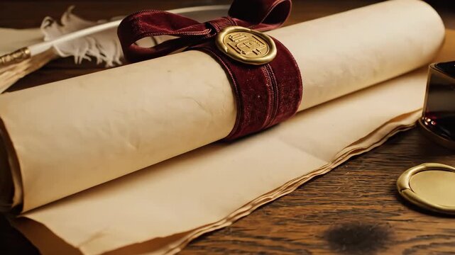 Antique manuscript and quill on rustic desk reveal vintage writing tools in motion