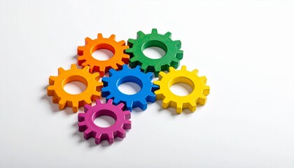Colorful Plastic Gears on White Background Representing Mechanics Engineering and Educational Toys