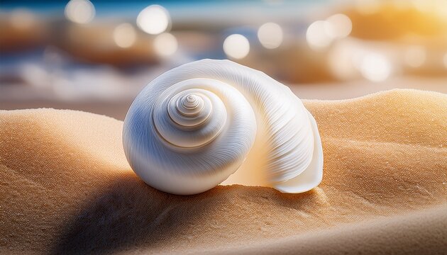 close up of a white spiral conch shell on sand a beautiful pearl shell on a beach representing nature vacation and summer