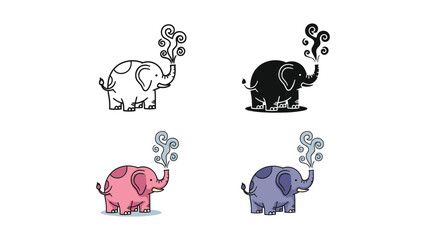 Fototapeta premium Elephant blowing smoke from trunk in four styles: outline, silhouette, pink, and purple