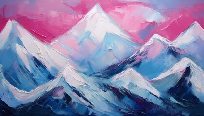 Obraz premium textured oil painting of snowy mountains in abstract oil with pink and blue tones