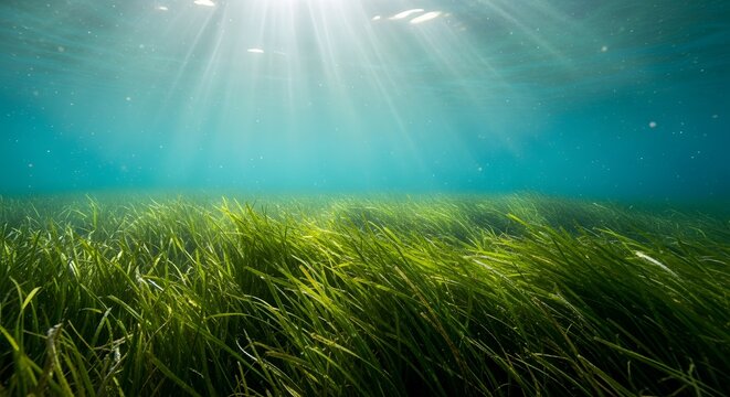 Vibrant green seagrass meadow (Posidonia oceanica or Zostera marina) on the ocean floor, illuminated by sunbeams filtering .
