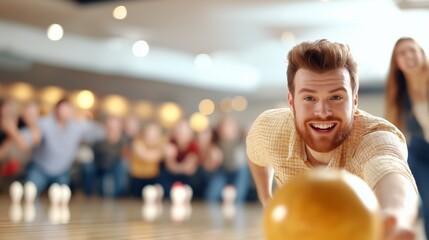 professional bowler in mid-throw, focusing intensely on the pins, with the shiny wooden lane
