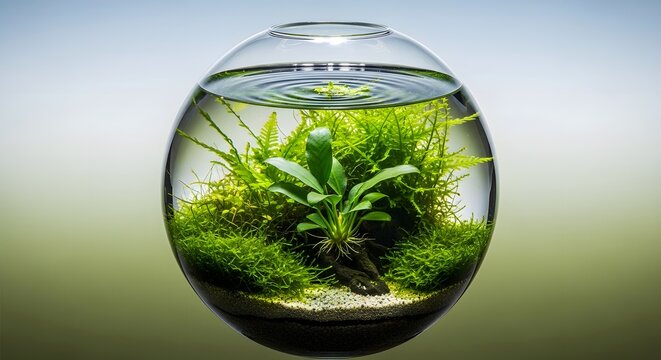 Spherical glass aquarium containing an entire aquatic ecosystem with small fish and green plants, isolated on a dark backgr.