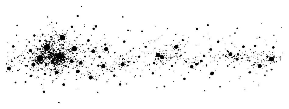 Minimalist horizontal spray of black ink dots and paint splatters on white background
