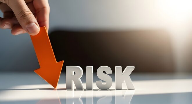 Hand holding orange arrow pointing down towards risk text block on white desk managing financial uncertainty and safety