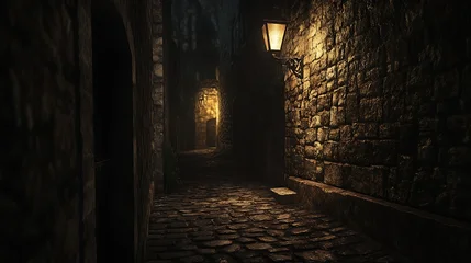 Sierkussen Smal steegje Eerie cobblestone alleyway illuminated by a single antique gas lantern casting dramatic shadows on ancient stone walls  © Maham