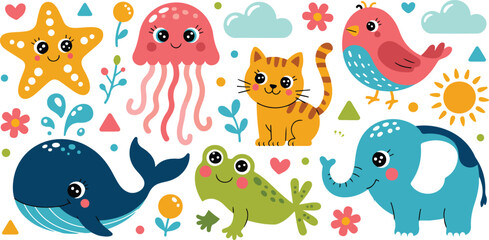 Cute Animal & Sea Creature Icon Vector Set  Elephant, Whale, Jellyfish & More © Creative design