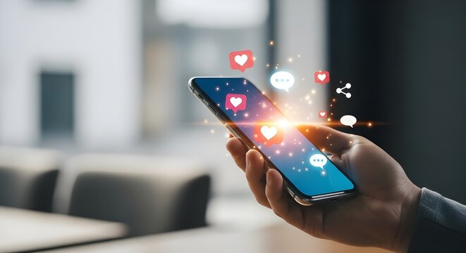 Close-up of a hand holding a smartphone displaying glowing social media icons and digital interaction.