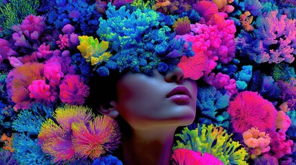 Fototapeta na wymiar Vibrant Portrait of Woman with Neon Floral Headpiece Reflecting Modern Artistic Expression