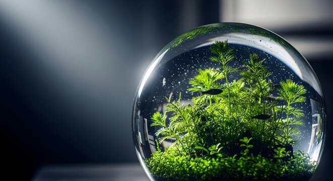 Miniature ecosystem within a round glass vase. A perfect small aquascape with water, plants, substrate, and tiny fish