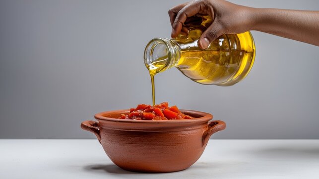 Close-up of hand pou golden cooking oil into a rustic clay bowl filled with fresh chopped vegetables on a clean white surface against a neutral background