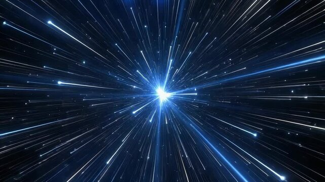Bright light points move rapidly in a dark setting, creating a visual journey through space with dynamic patterns and energy flow