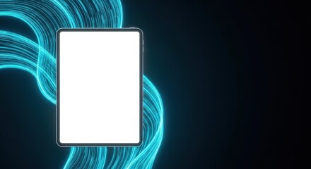 Tablet with Blank White Screen on Abstract Blue Light Waves Background