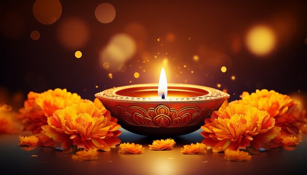 akhand jyoti diya flame glowing with marigold flowers for navratri