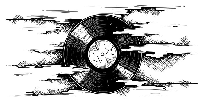 Retro engraving of a vinyl record disc surrounded by stylized clouds and cross hatching