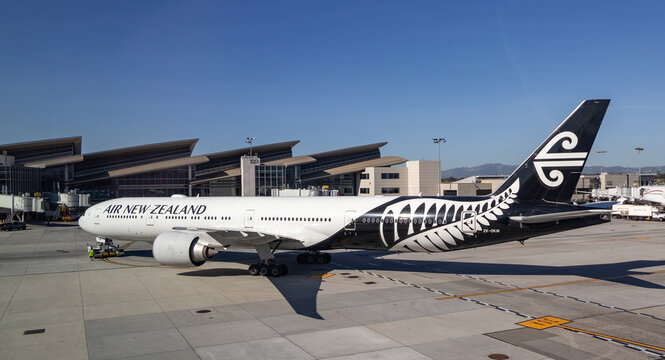 Air New Zealand Boeing 777-300ER being towed to a gate at Los Angeles International Airport (LAX) - Los Angeles, California, USA