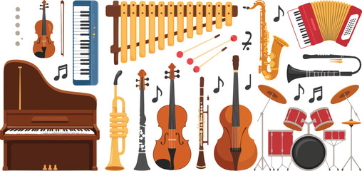 Musical Instrument Illustration Set Featuring Piano, Guitar, Violin, Drums, Saxophone, Harp, and Keyboard for Music Education, Concert Posters, Band Promotion, Learning Materials © Creative design
