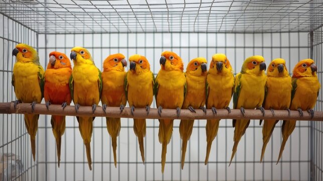 A group of colorful parrots perched together on a metal cage rack