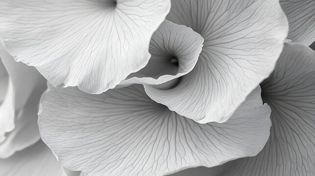 Extreme close up black and white macro photograph capturing the delicate velvety texture and intricate vein patterns of layered pale flower petals.
