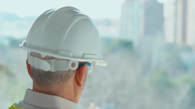 Back view of a builder in a hard hat making notes on a window overlooking the city