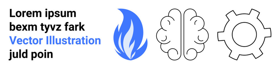 Naklejka premium Blue flame, outlined brain, and cogwheel represent creativity, innovation, science, ideas, problem-solving, teamwork and technology. Ideal for branding presentations education websites simple