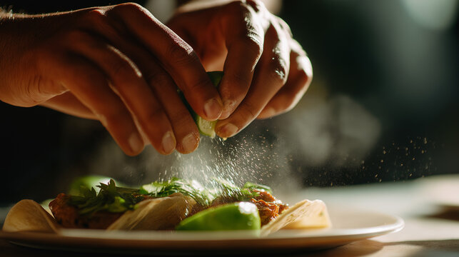 Chef hands are squeezing a fresh lime over delicious street style tacos, creating a flavorful burst of citrus and enhancing the fresh culinary experience, copy space